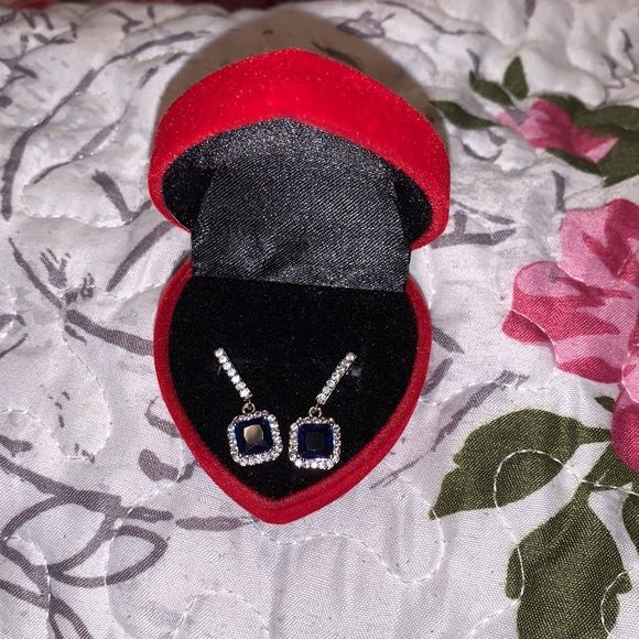 White Gold Blue Gem Square Drop Earrings - Picture 8 of 8